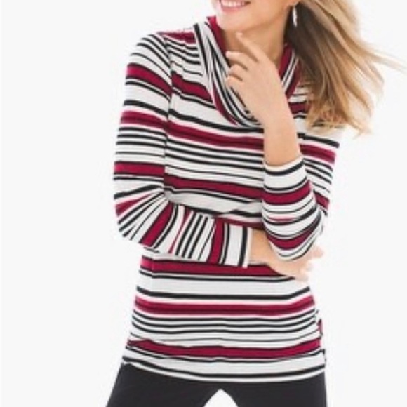 Chicos Striped Cowl Top XL Red Tunic Festive Patriotic Preppy Classic Retro 80s - Picture 1 of 15